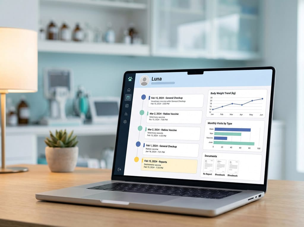 Mockup della dashboard clinica Zoowanda con timeline del paziente e referti